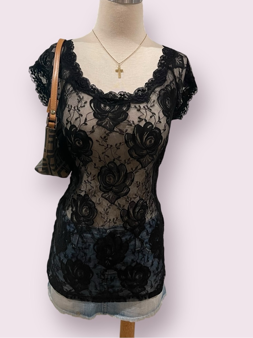 Romantic grunge black sheer lacr rose print top